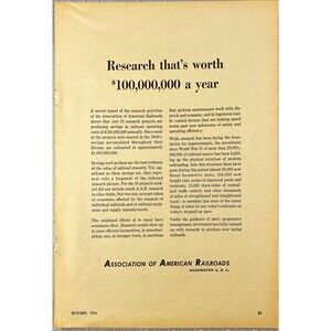 Association of American Railroads "Research Worth $100 Million a Year" Ad 1954